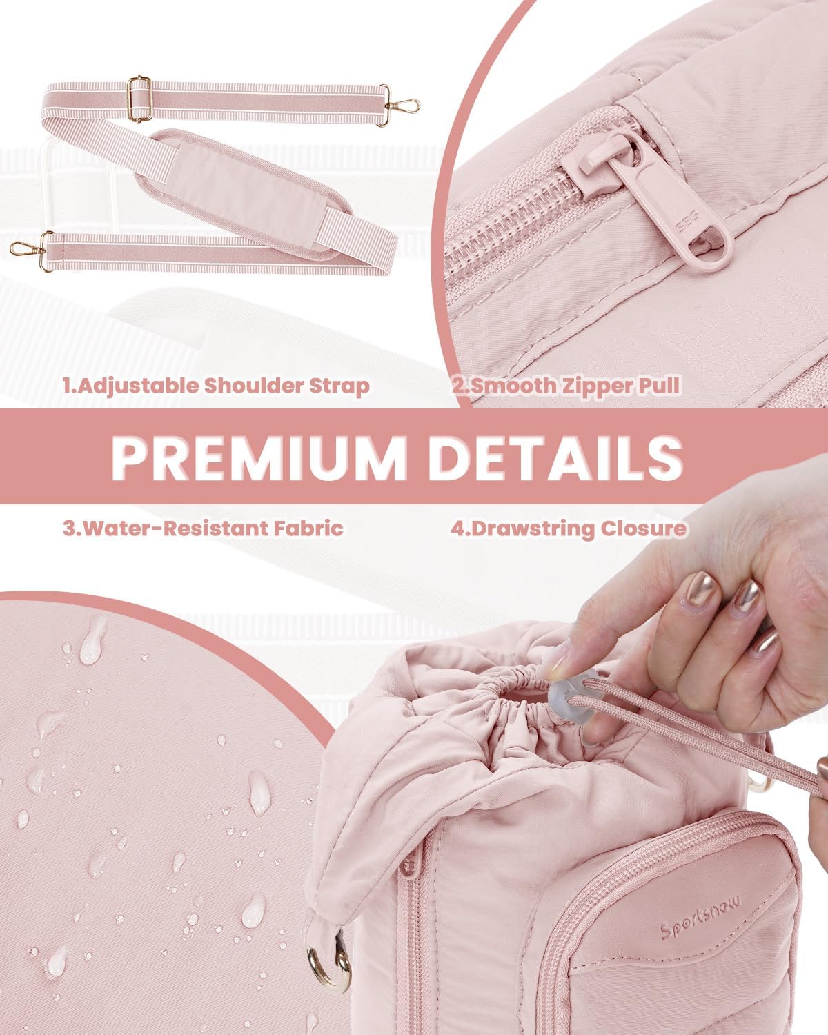 sportsnew Water Bottle Holder, Crossbody Insulated Cup Sleeve for 30oz/40oz Tumbler with Handle, Puffy Carrier Bag with Phone & RFID-Blocking Card Pocket & Drawstring Closure for Quick Access