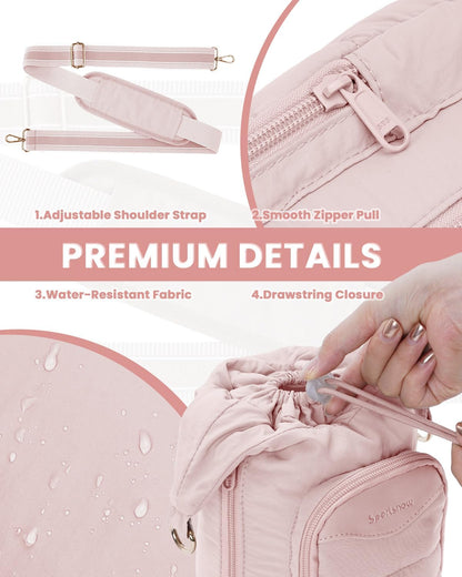sportsnew Water Bottle Holder, Crossbody Insulated Cup Sleeve for 30oz/40oz Tumbler with Handle, Puffy Carrier Bag with Phone & RFID-Blocking Card Pocket & Drawstring Closure for Quick Access