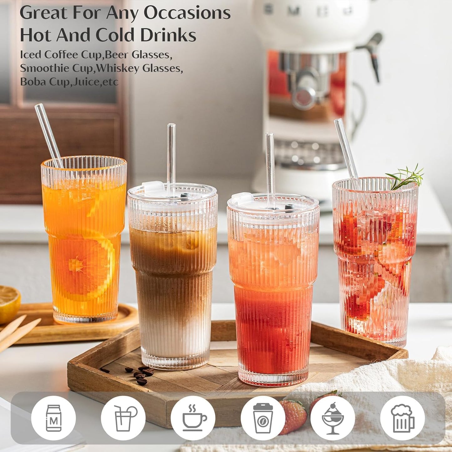 INSETLAN 20 oz Ribbed Glass Tumblers with Lids and Glass Straws – 4-Piece Glassware Set, Thickened Wall, Ideal for Iced Coffee, Smoothies, Cocktails, and Juices – Elegant and Durable Drinkware