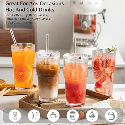 INSETLAN 20 oz Ribbed Glass Tumblers with Lids and Glass Straws – 4-Piece Glassware Set, Thickened Wall, Ideal for Iced Coffee, Smoothies, Cocktails, and Juices – Elegant and Durable Drinkware