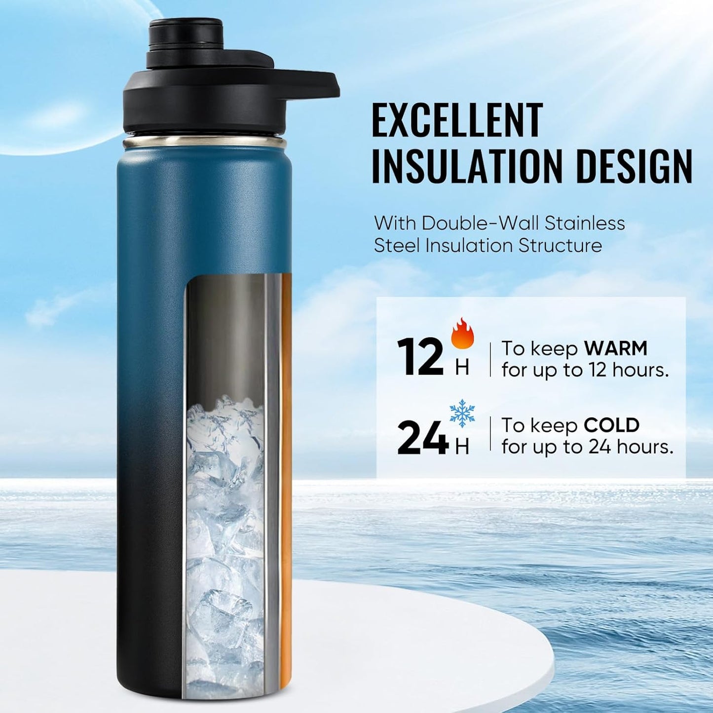 Fijinhom 24 oz Insulated Water Bottle with Handle, 304 Stainless Steel Water Bottles with Wide Mouth, Double Wall Vacuum Sports Water Bottle, BPA Free, Keep Cold and Hot, Black | with Handle