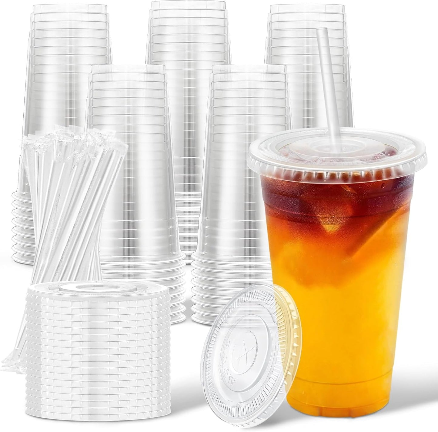Clawsoff 100 Pack 20 oz Disposable Clear Plastic Cups with Lids and Straws, Leak-Proof Sturdy Cold Drink Cups for Iced Coffee, Smoothies, Juice, Parties & Business