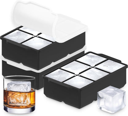 KitchFort Large Silicone Ice Cube Tray (2-Pack), Easy Release 2" Big Ice Cubes - Cocktail, Whiskey Ice Cubes Mold - Ice Trays for Freezer with Lid - Stackable Silicone Ice Tray - Black