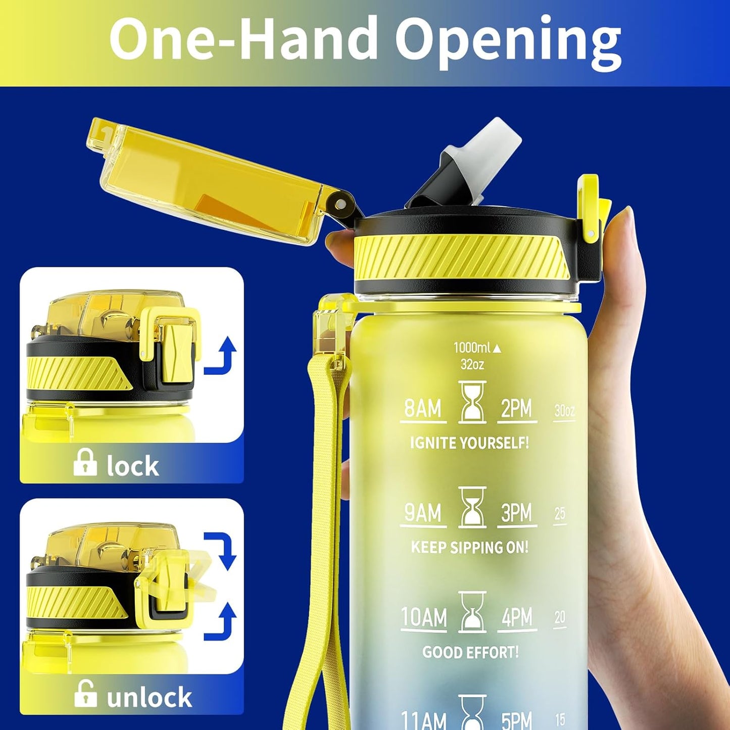 QLUR Water Bottle with Straw, 32oz Motivational Water Bottles with Time Marker to Drink, Tritan BPA Free, 1L Sports Water Bottle with Carry Strap LeakProof for Women Gym Fitness Outdoor (1 Pack)