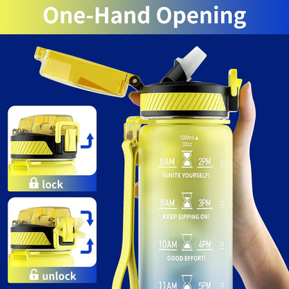 QLUR Water Bottle with Straw, 32oz Motivational Water Bottles with Time Marker to Drink, Tritan BPA Free, 1L Sports Water Bottle with Carry Strap LeakProof for Women Gym Fitness Outdoor (1 Pack)