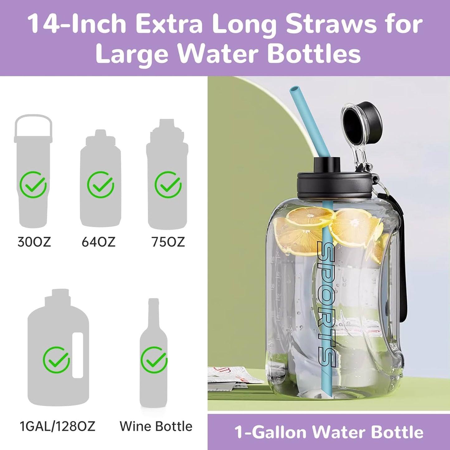 NiHome 14PCS Silicone Straws Fit for Stanley 40oz 30oz Tumbler, 14” Extra Long Reusable Drinking Straw, Flexible Can Cut Length for 1/Half Gallon 75 64 OZ Large Water Bottle - 2 Brushes (Rainbow)