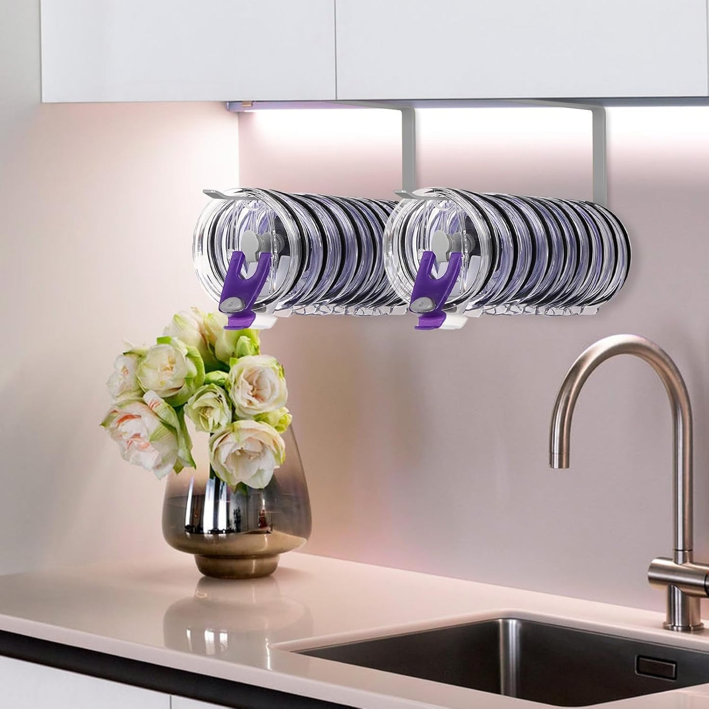 Tumbler Lid Organizer, Horizontal Tumbler Lid Storage Hook Up to 10 Lids, Space Saving Cup Lid Holders Under Cabinet Tumbler Lid Hook for Kitchen Organizer and Storage,Hanging Paper Towel Rack Hanger