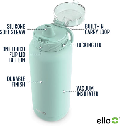 Ello Cooper 22oz Stainless Steel Water Bottle with Straw and Carry Handle, Double Walled and Vacuum Insulated Metal, Leak Proof Locking Lid with Soft Silicone Spout, Reusable, BPA Free, Lilac