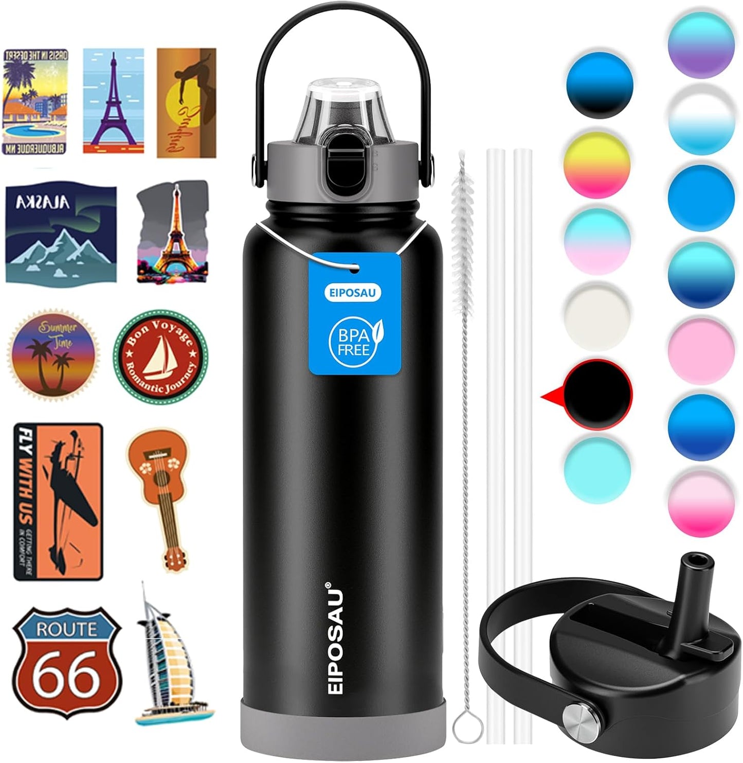 Insulated Water Bottle with Lid & Boot & Stickers, 24 oz Stainless Steel Sweat Free Bottle Keep Cold 24H, BPA-Free Sports Wide Mouth Water Bottle, BlueBlack