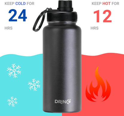 Drinco Stainless Steel Water Bottle Spout Lid Vacuum Insulated Double Wall Water Bottle Wide Mouth (40oz 32oz 22oz 18oz 14oz) Leak Proof Keep Cold Sport Camping Hiking (22 oz, 22oz Black)