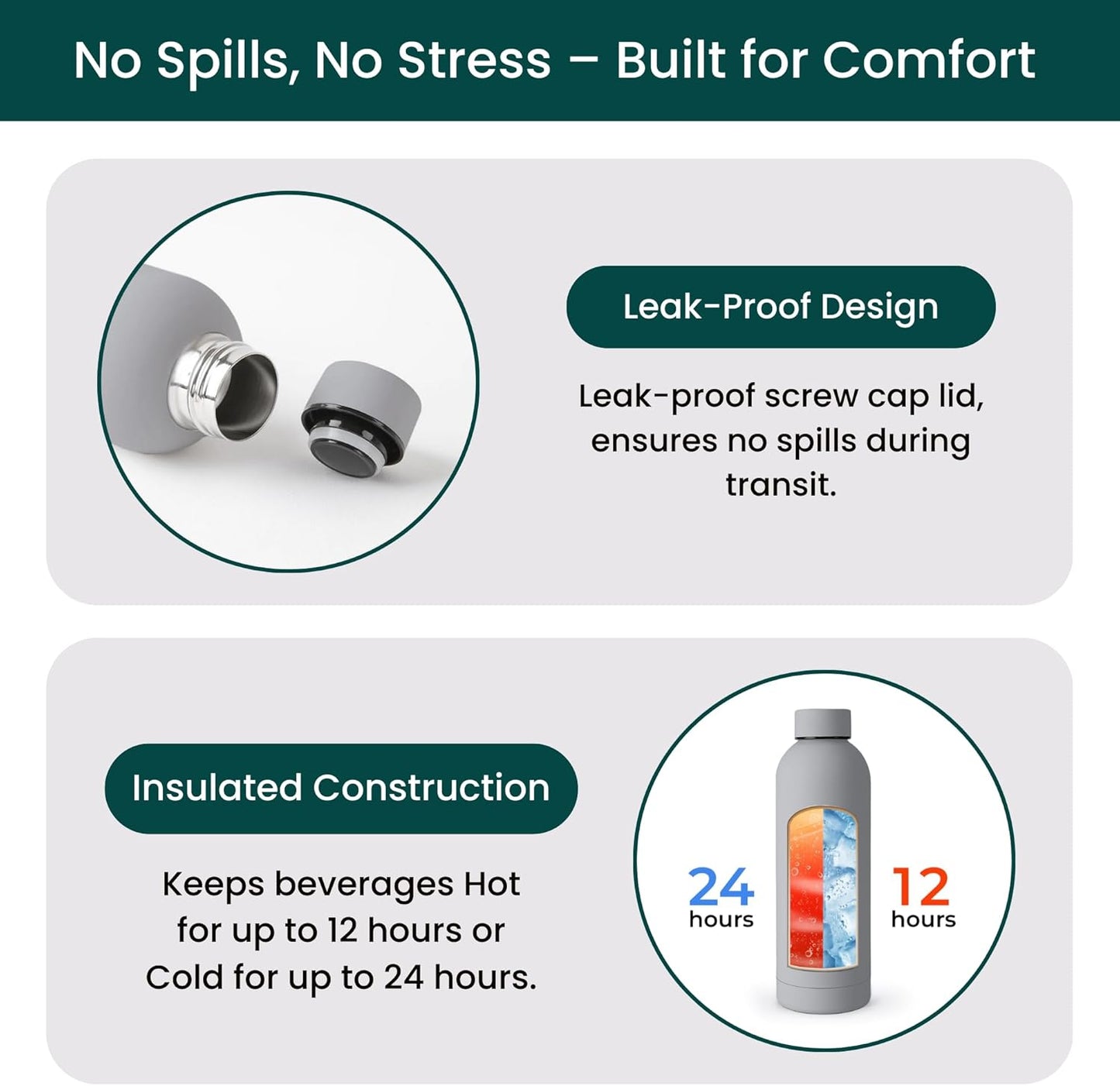NOBL Stainless Steel Water Bottle,17 oz, 500 ml, Double Wall Vacuum Insulation, Sealed Bottle Keeps Drinks Cold 24 Hrs & Hot 12 Hrs, Leak Proof, Fits Noble Carry-On Cup Holder - Sand
