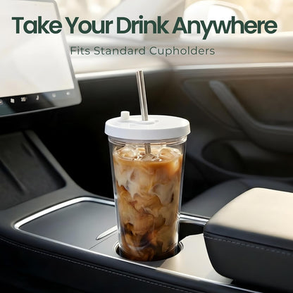 Reusable Iced Coffee Cup with Lid and Straw, 24 oz/Venti, BPA-Free Double-Wall Insulated Plastic Tumbler for Cold Drinks, Includes Clear Plastic Straw, Stainless Steel Straw and Cleaning Brush, White