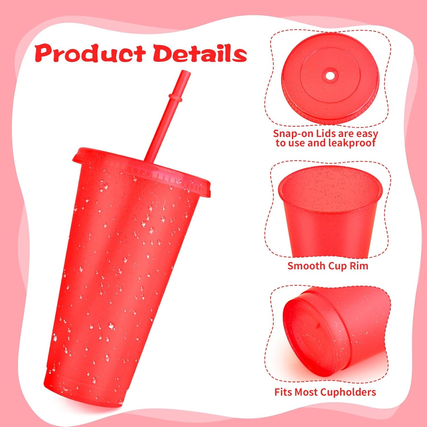 Hxezoc 16-Piece Reusable Cups with Lids and Straws, 24 oz Glitter Plastic Tumbler Iced Coffee Cups Travel Mug Cup for Smoothie Juices Beach or Bachelor Party (Black)