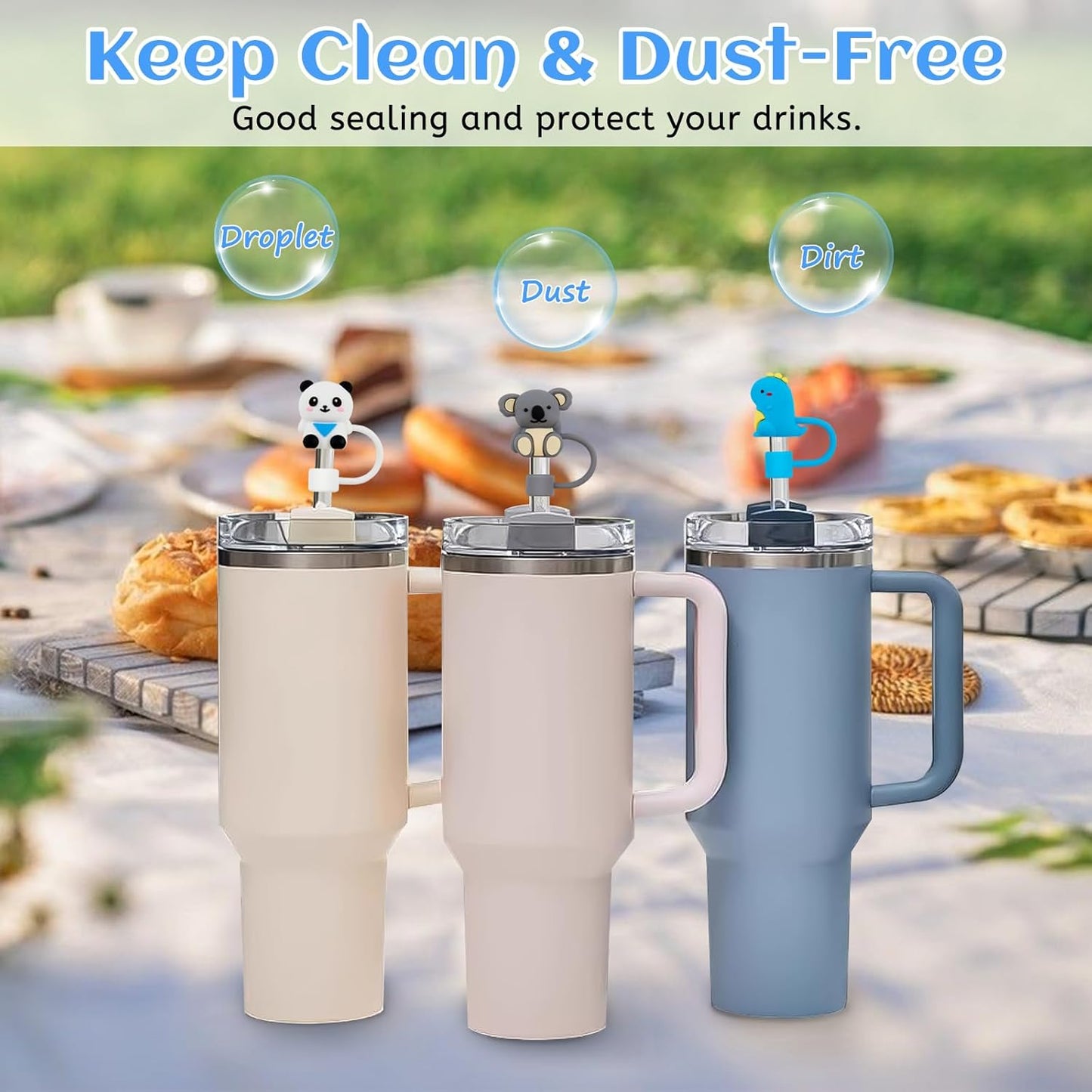 12 Pcs Silicone Straw Toppers for Stanley Cups, 3D Reusable Cute Animal Cover Caps Decoration for 40&30 oz Tumblers with DIA 10 mm Straws