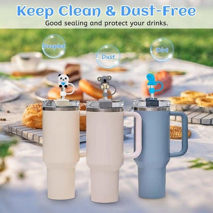 12 Pcs Silicone Straw Toppers for Stanley Cups, 3D Reusable Cute Animal Cover Caps Decoration for 40&30 oz Tumblers with DIA 10 mm Straws