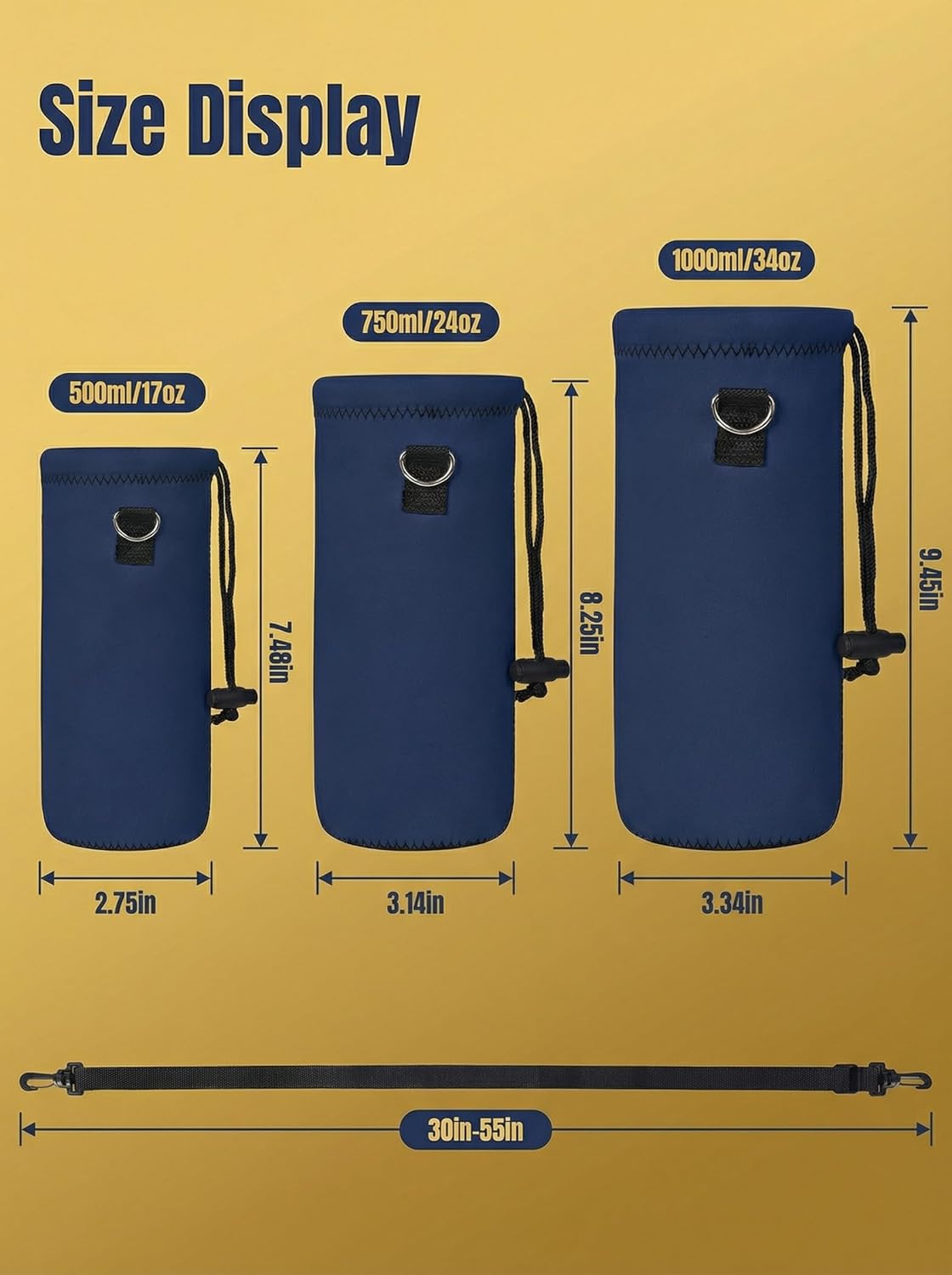 RICHEN Neoprene Water Bottle Carrier Bag with Adjustable Shoulder Strap,Insulated Water Bottle Cover for Stainless Steel/Glass/Plastic Bottles
