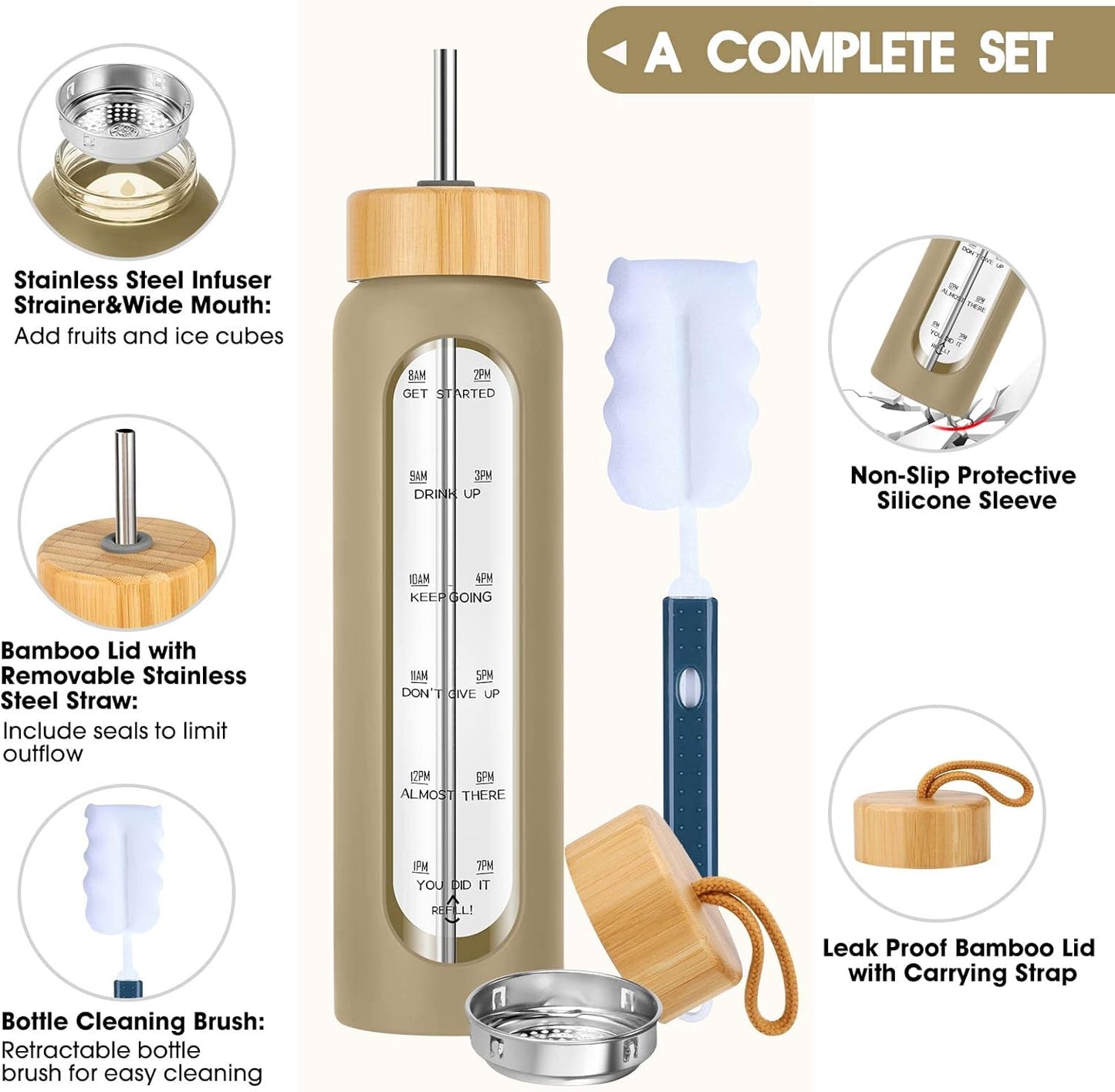 SipZest 32 oz Glass Water Bottle with Straw - Motivational Time Marker & Silicone Sleeve - Reusable Tumbler Includes 2 Bamboo Lids & Fruit Infuser - 1 Pack