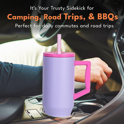 Elemental 32 oz 100% Leak Proof Tumbler with Handle & Straw - Stainless Steel Double Wall Insulated Tumbler for Hot and Cold Beverages - Travel Coffee Mug with Sip & Straw Lid - White - Colors B
