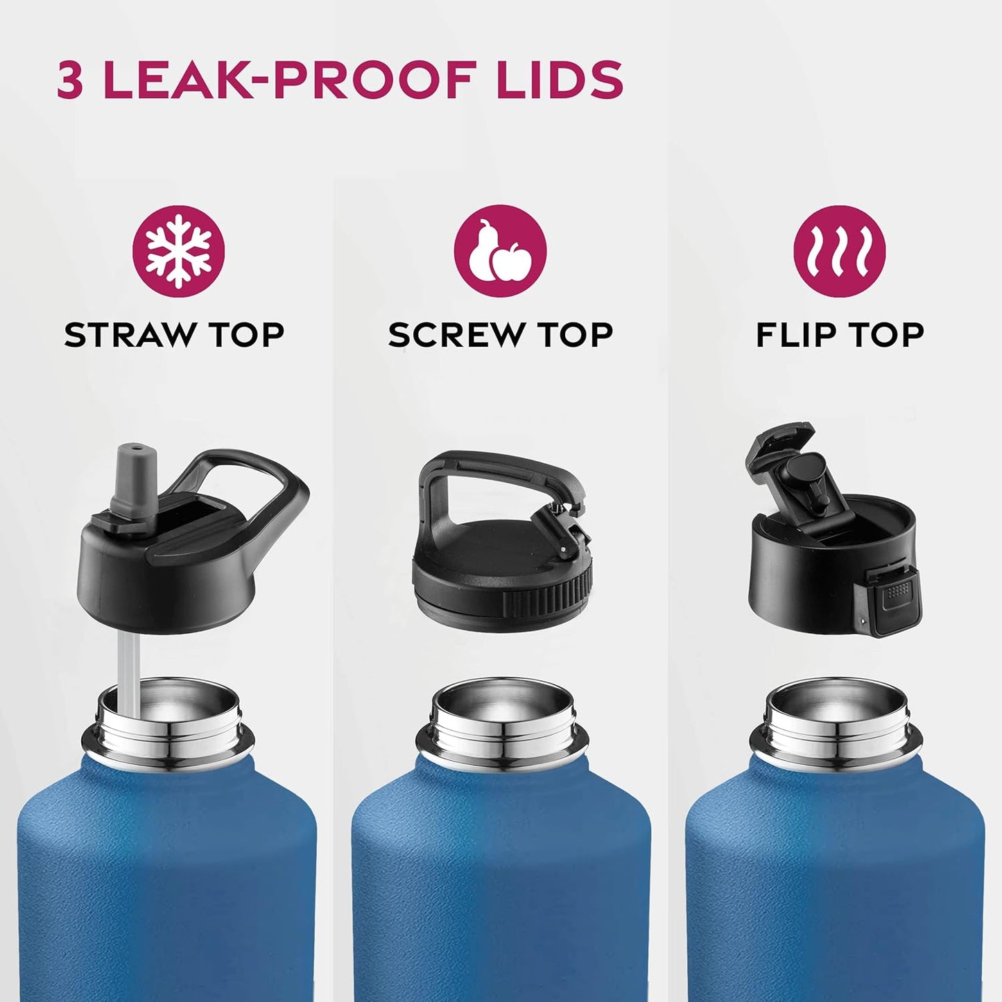 FineDine Water Bottle - Stainless Steel Insulated Water Bottle with Straw Lid, Flip Lid & Wide-Mouth Cap - Keeps Hot and Cold - 25 Oz / 739ml - Dreamy Purple
