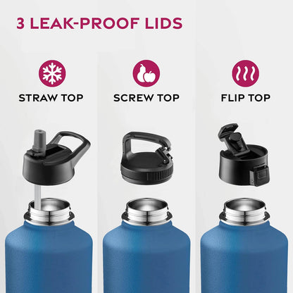 FineDine Water Bottle - Stainless Steel Insulated Water Bottle with Straw Lid, Flip Lid & Wide-Mouth Cap - Keeps Hot and Cold - 25 Oz / 739ml - Dreamy Purple