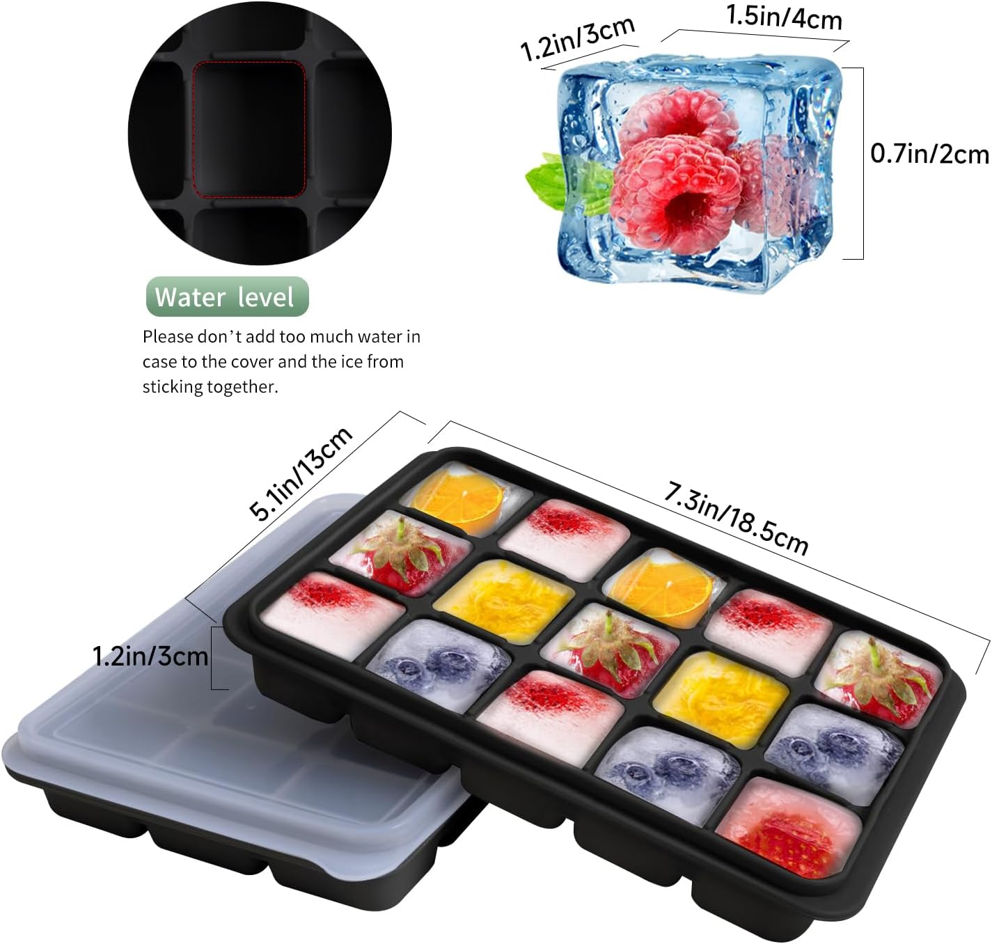 Ice Cube Trays Set of 2, Easy Release 15 Flexible Silicone Ice Cube Molds with Removable Lid Reusable Freezer Ice Trays Stackable for Whiskey, Baby Food, BPA Free (BAMBOO GREEN)
