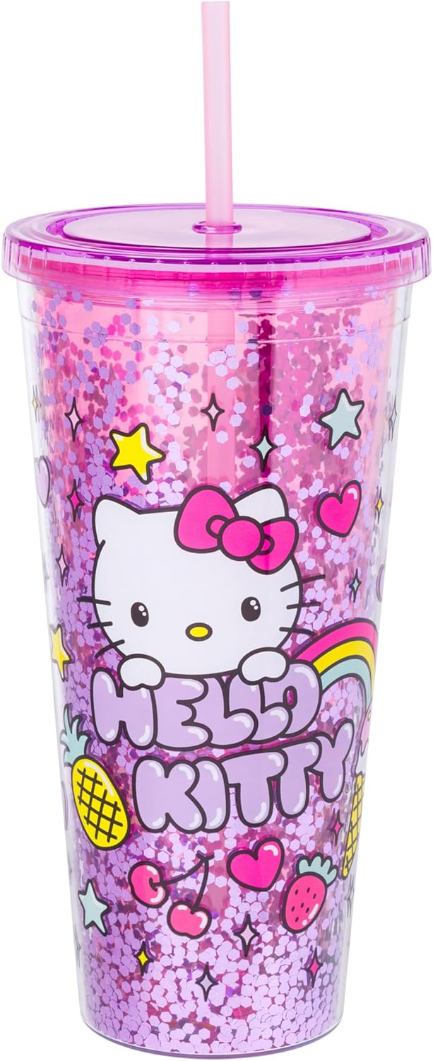 Silver Buffalo Sanrio Hello Kitty Milk Carton Pattern Plastic Boba Tumbler w Lid and Wide Straw, 24 Ounces
