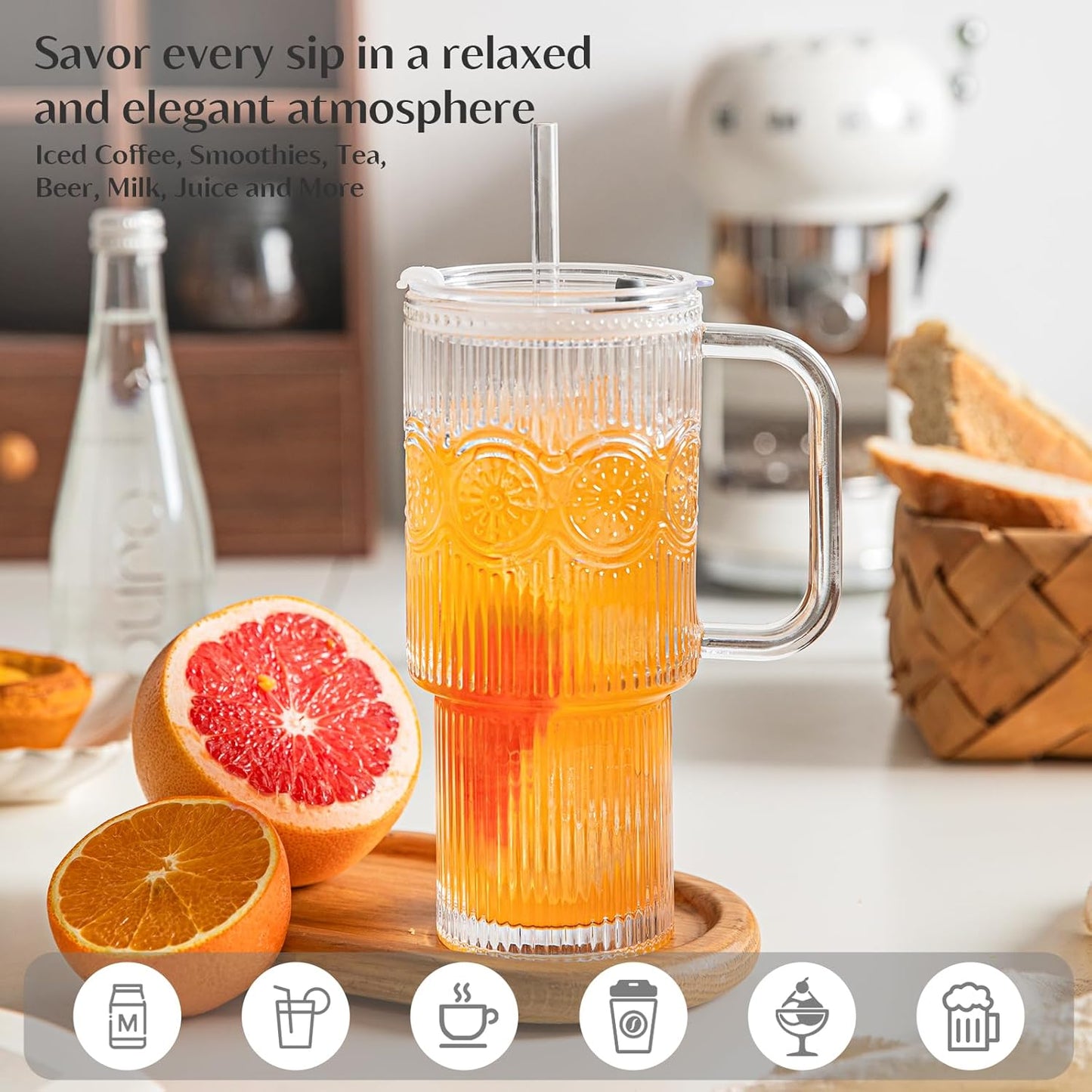 INSETLAN 24oz Ribbed Glass Tumbler with Handle & Lid – 2-Pack Large Iced Coffee Cups with Straws, Modern Glass Mug for Cold & Hot Beverages, Aesthetic Travel Cup for Smoothies, Tea, and Juice
