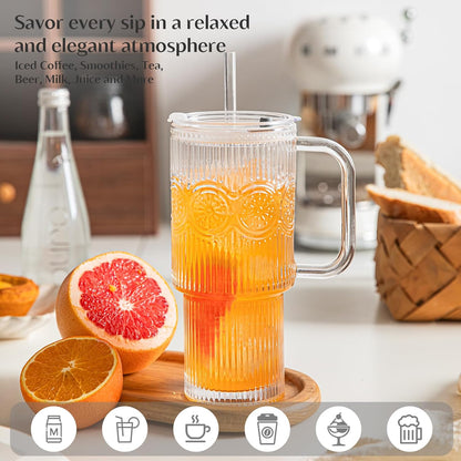 INSETLAN 24oz Ribbed Glass Tumbler with Handle & Lid – 2-Pack Large Iced Coffee Cups with Straws, Modern Glass Mug for Cold & Hot Beverages, Aesthetic Travel Cup for Smoothies, Tea, and Juice