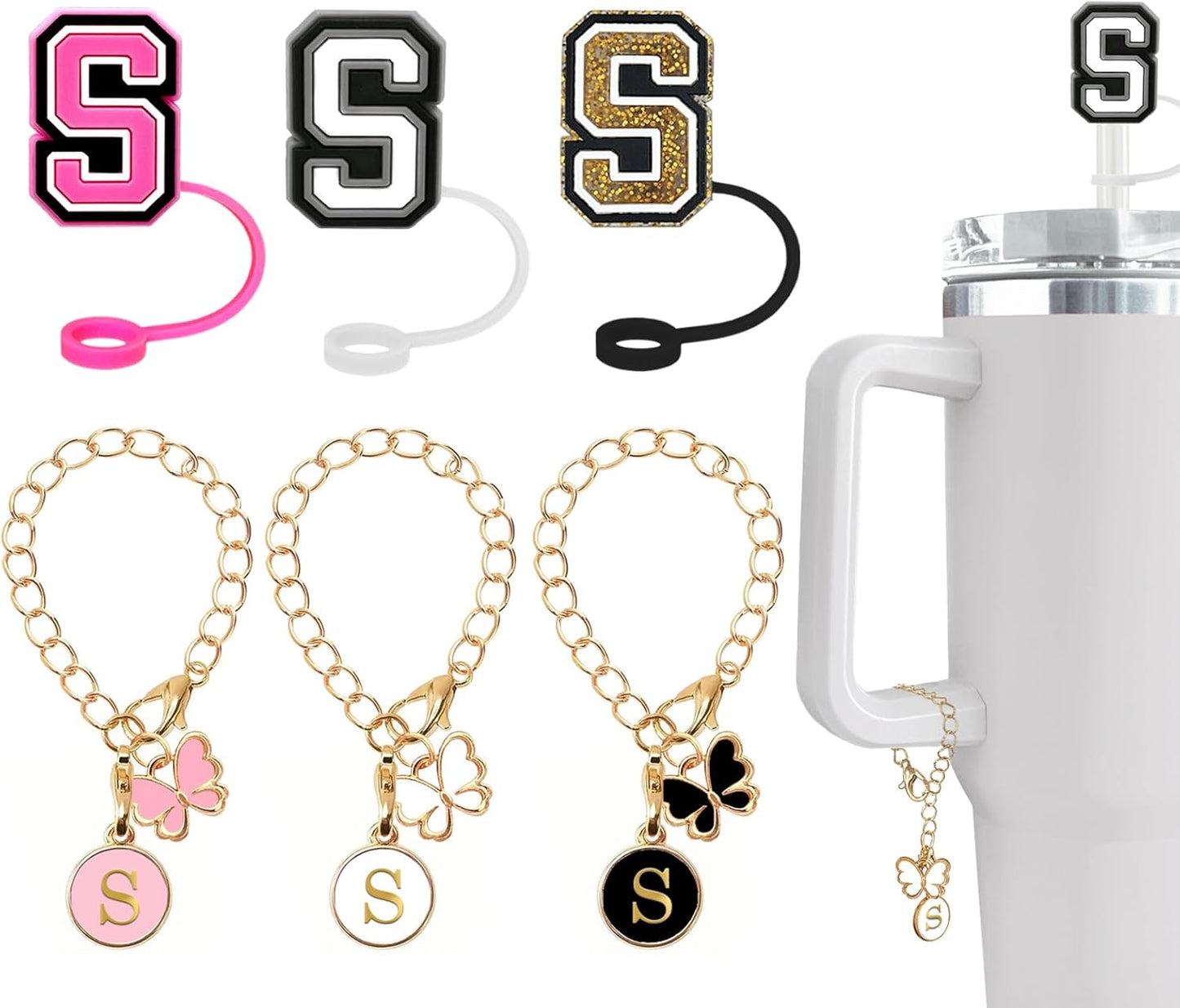 （3 +3) 3PCS Nuozme Straw Cover 10mm For Stanley Tumbler Cup Reusable Straw Cap Topper with 3 Initial Letter Charms Accessories Name ID Personalized Handle Charm For Stanley 30&40 Oz Cup Tumbler - Colors B