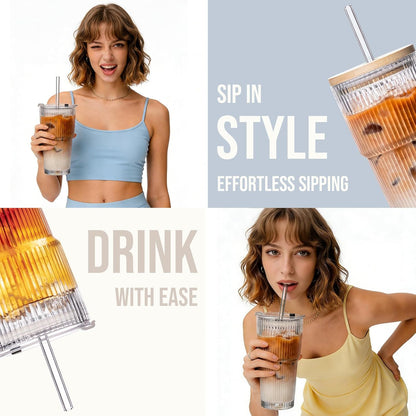 SoulTimes 20oz Glass Cups with Lids and Straws, Ribbed Glass Tumbler for Iced Coffee, Smoothie, Juice & Cold Drinks, Reusable Thick Glassware Set, Elegant Home & Travel Drinkware【2 Pack】