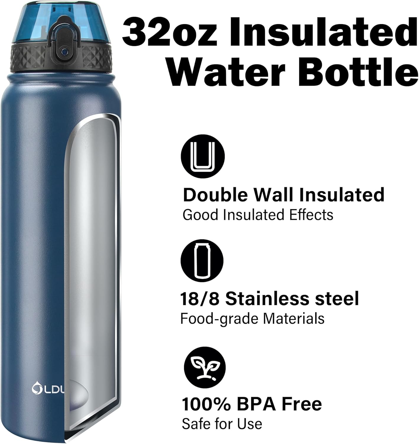 Oldley Insulated Water Bottle 20oz for Adults Kids Stainless Steel Water Bottles with Straw/Chug/Carabiner 3 Lids Fruit Strainer Double Wall Vacuum Wide Mouth BPA Free Leak-Proof for School Travel