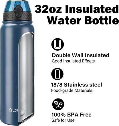 Oldley Insulated Water Bottle 20oz for Adults Kids Stainless Steel Water Bottles with Straw/Chug/Carabiner 3 Lids Fruit Strainer Double Wall Vacuum Wide Mouth BPA Free Leak-Proof for School Travel