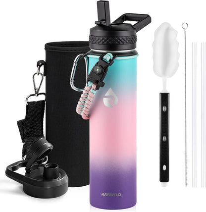 RAYMYLO One Gallon Water Bottle Insulated, Triple Walled Vacuum Stainless Steel (Cold for 48 Hrs), Leak Proof & Non-BPA, Large Water Flask Jug with Paracord Handle & Straw Spout Lids