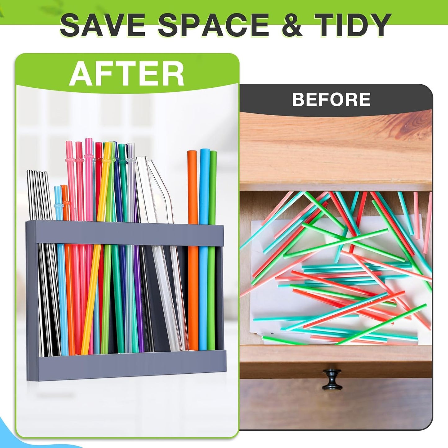 Qinyoung Acrylic Straw Holder for Cabinet Door with Double Sided Adhesive Tape Reusable Straw Organizer Tumbler Storage Kitchen Accessories Container for Counter Cupboard(Classic,Large,Transparent)