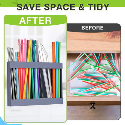 Qinyoung Acrylic Straw Holder for Cabinet Door with Double Sided Adhesive Tape Reusable Straw Organizer Tumbler Storage Kitchen Accessories Container for Counter Cupboard(Classic,Large,Transparent)