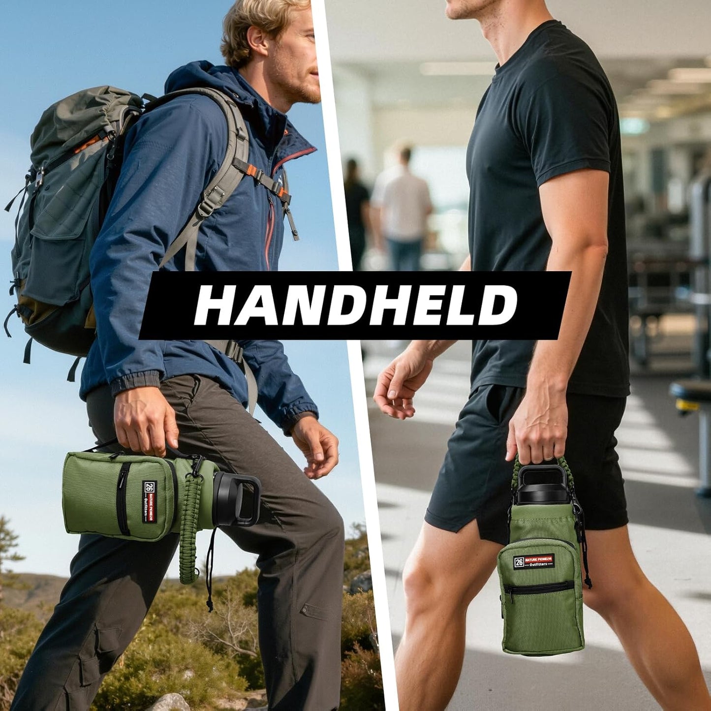 NATURE PIONEOR Water Bottle Holder with Adjustable Strap - 26/32/36/40/46/64oz Insulated Water Bottle Sling Carrier with Paracord Handle & 2 Pockets, Outdoor Sports, Hiking, Camping, Gym