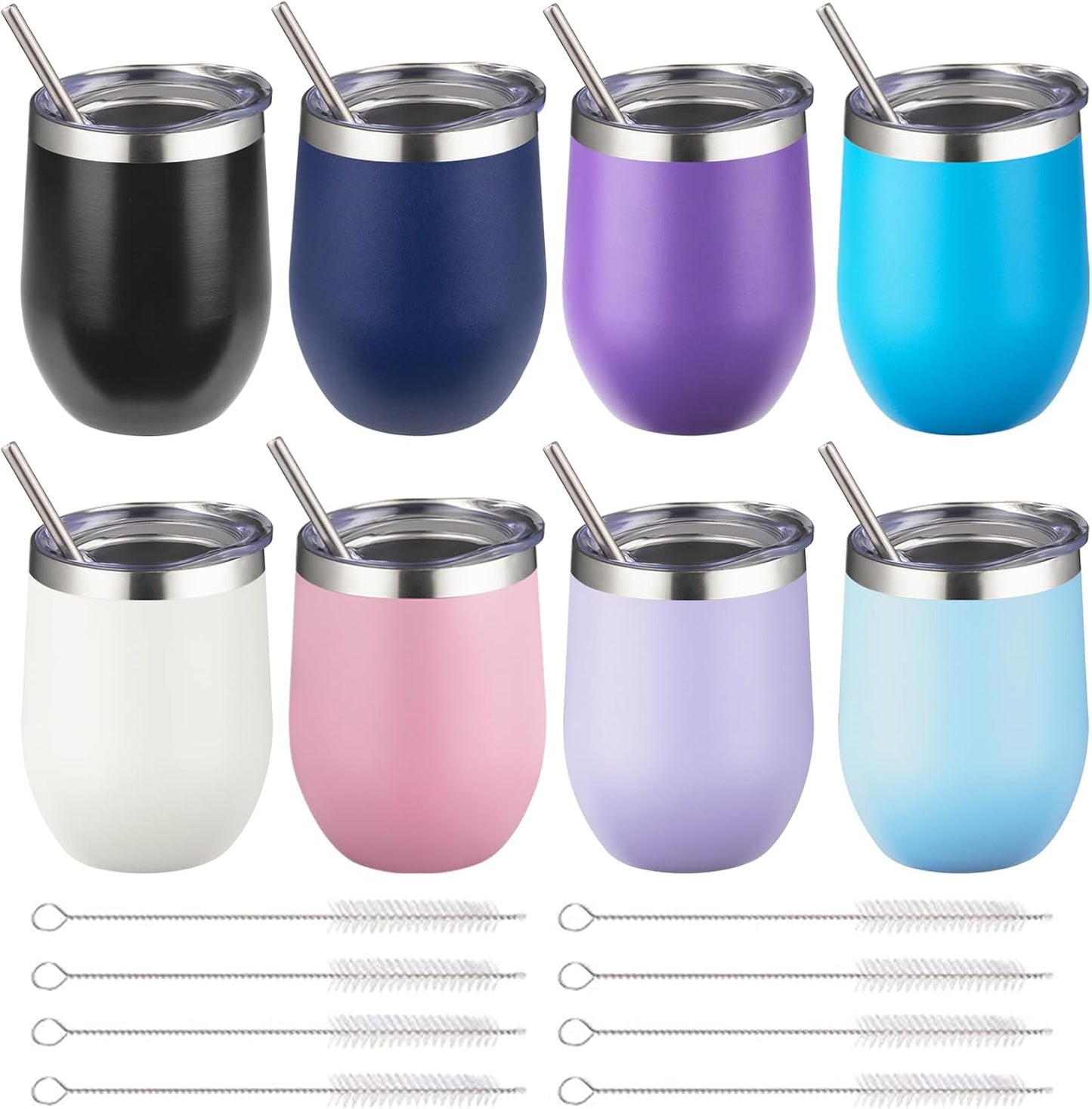 12 oz Insulated Wine Tumbler with Lid and Straw,Stainless Steel Stemless Wine Tumbler Glasses Double Wall Vacuum Wine Cups Tumbler for Coffee,Champaign,Cocktail,Office（Silver,1）