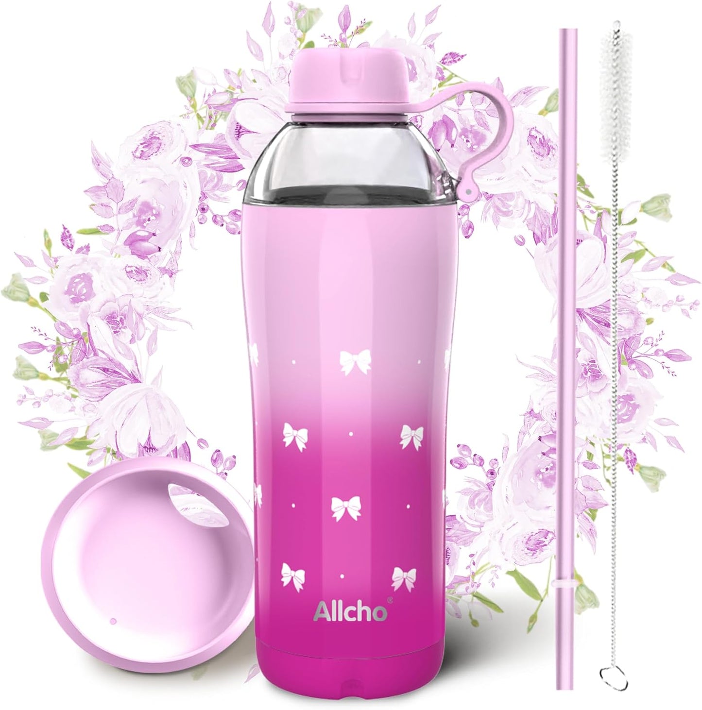 Allcho Insulated Water Bottle for Women, 18oz Stainless Steel Leak Proof Tumbler with 2 Lids, BPA-Free Tritan Chug & Straw Lid, Double Wall Vacuum Flask