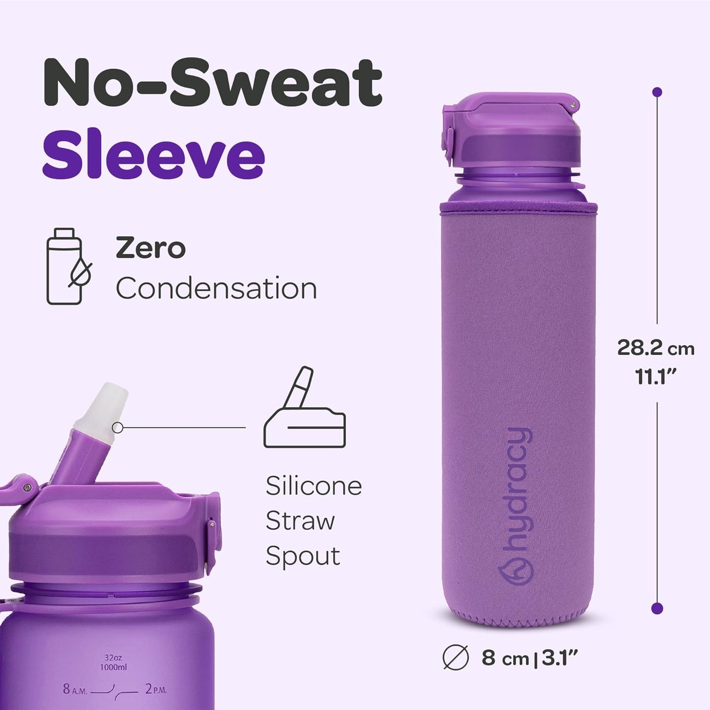 Hydracy Water Bottle with Time Marker -Large BPA Free Water Bottle & No Sweat Sleeve -Leak Proof Gym Bottle with Times to Drink - Ideal for Fitness Sports & Outdoors