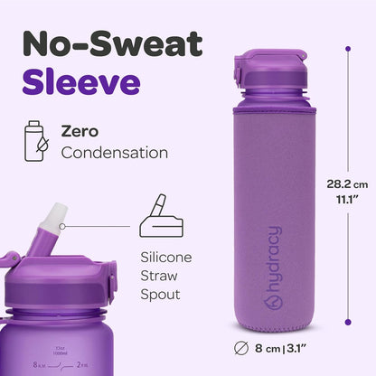 Hydracy Water Bottle with Time Marker -Large BPA Free Water Bottle & No Sweat Sleeve -Leak Proof Gym Bottle with Times to Drink - Ideal for Fitness Sports & Outdoors