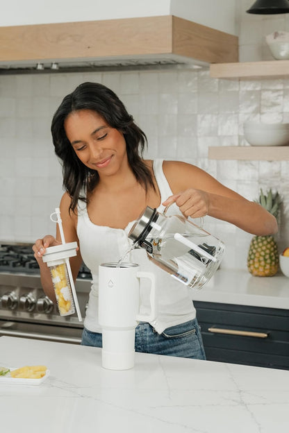 Infusion Pro 40 oz Tumbler with Handle, Fruit Infuser & Straw Lid : 50 Recipe Fruit Infusion eBook : Bottom Boot : Fits Cupholder : Stainless Steel Insulated Travel Mug : Essence (BLUE SURF)