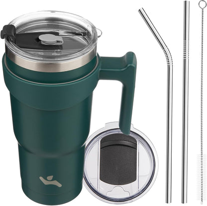 Konokyo 20 oz Tumbler with Handle and 2 Straw 2 Lid, Insulated Water Bottle Stainless Steel Vacuum Cup Reusable Travel Mug,Black