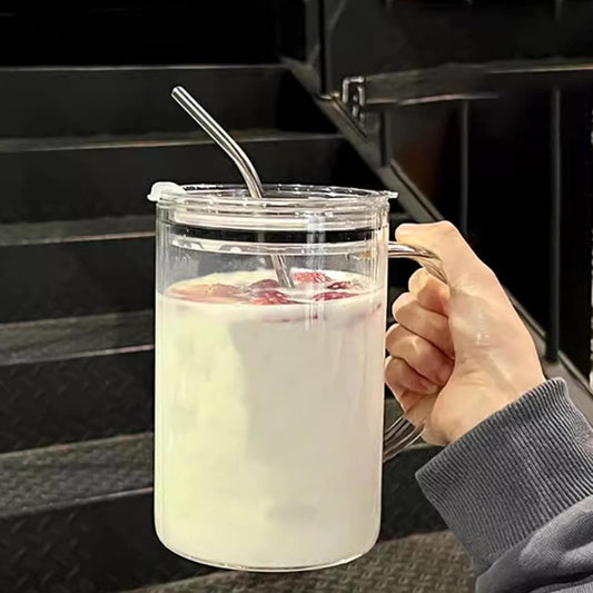 Glass Water Cup with Handle - 32 oz, Clear Mug with Lid and Straw，Thick Transparent Mug for Coffee, Milk, Juice,Perfect for Office and Live at Home Use