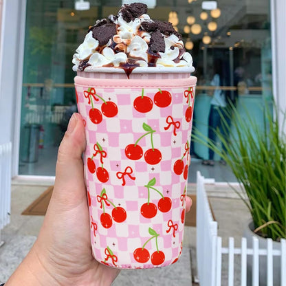 Reusable Insulated Neoprene Iced Coffee Cup Sleeve, Durable Drink Sleeve for Cold Beverages, Beverage Holder for Iced Coffee, Floral Checkers