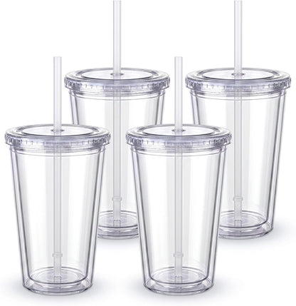 Zukro Clear Acrylic Tumbler with Straw and Lid 32 oz, Double Walled Insulated Reusable Plastic Iced Coffee Cup, To Go Cup Perfect for Parties, Birthdays, Fit in Cupholder, BPA Free, Clear, 2 Pack