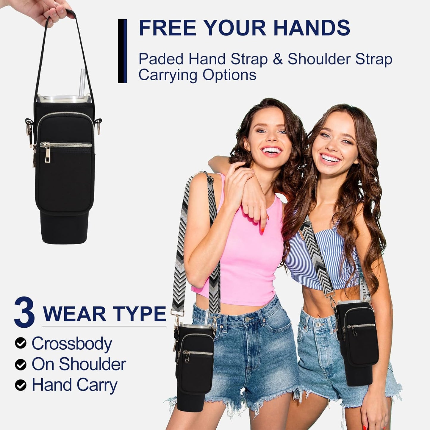 GOEWY Water Bottle Carrier Bag for Stanley 40/30 oz Tumbler with Phone Pocket Neoprene Water Bottle Holder with Shoulder & Handheld Strap Stanley Cup Accessories