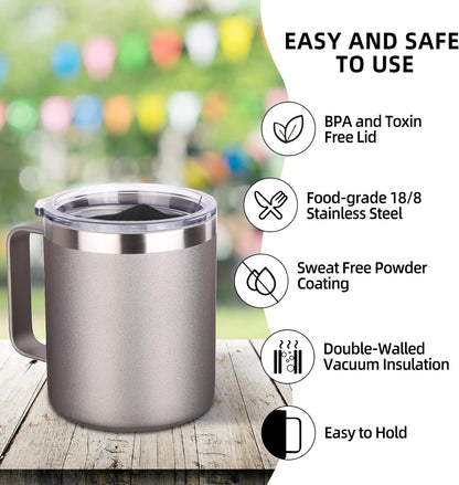 Volhoply 14oz Insulated Stainless Steel Coffee Mug with Lid Bulk 4 Pack,Double Wall Vacuum Travel Coffee Cup with Handle,Reusable Metal Cups Tumbler Cup,Camping Mugs,Ideal Gifts(Mix,4)