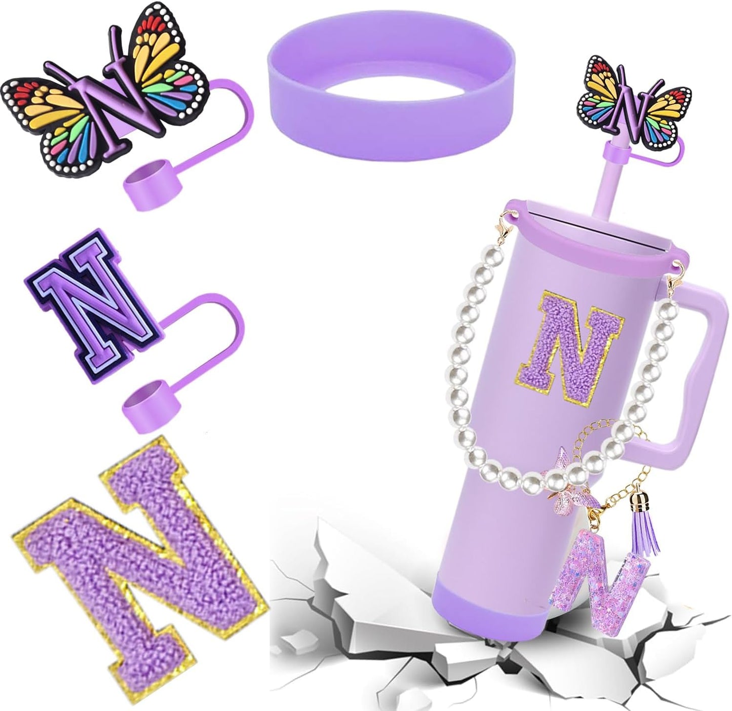 7pcs Cup Accessories for Stanley 30/40oz Tumbler, Handle Strap, Straw Cover, Silicone Boot, Letter Charm Stickers