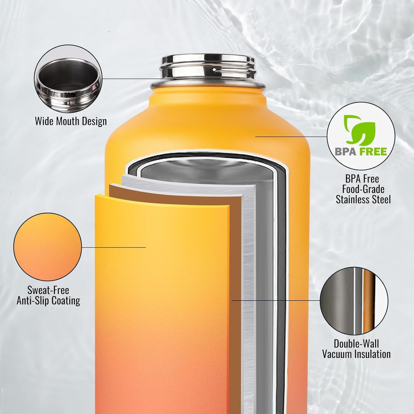 Fijinhom 24 oz Insulated Water Bottle with Handle, 304 Stainless Steel Water Bottles with Wide Mouth, Double Wall Vacuum Sports Water Bottle, BPA Free, Keep Cold and Hot, Black | with Handle