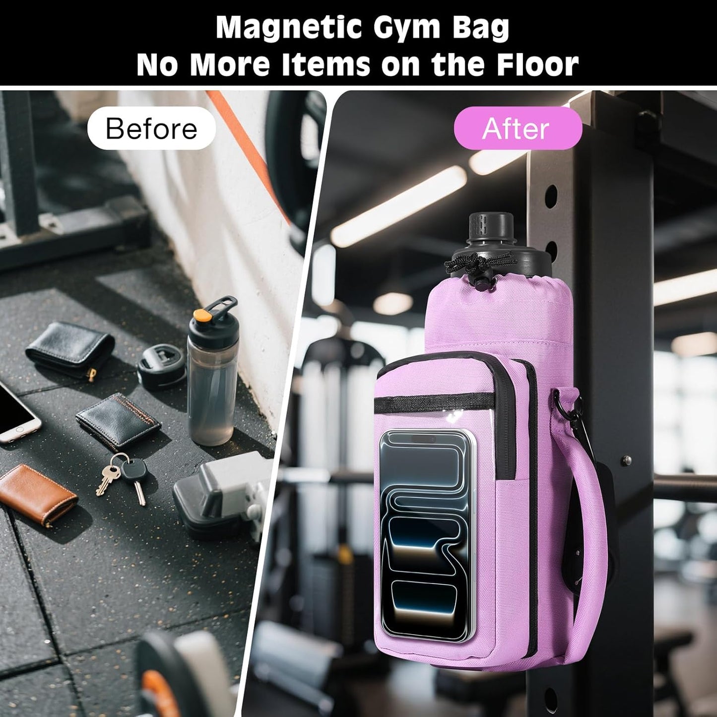 MoKo Magnetic Gym Bag, Magnetic Water Bottle Holder with Clear Phone Pouch, Built-in 4 Magnets Fitness Bag for Men and Women Compatible with Most Water Bottles, Gym Accessories Gifts, Black